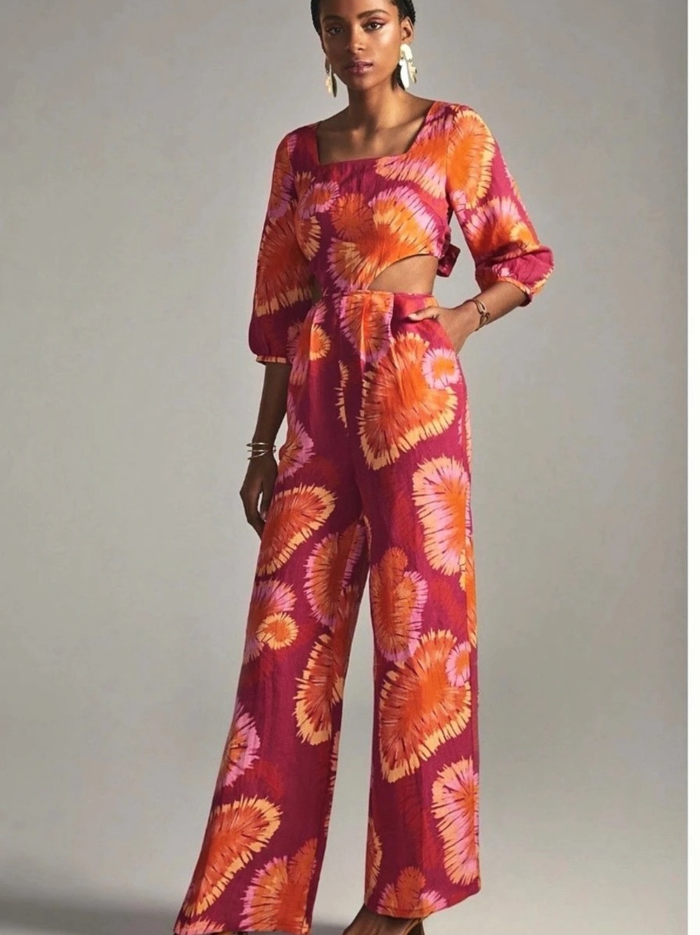 Farm Rio Farm x Anthropologie Tie-Back Cutout Jumpsuit Pink & Orange